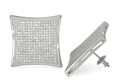 Mens XL Flat Screen White Gold Plated Micro Pave CZ Hip Hop Screw Back Earrings • $29.99