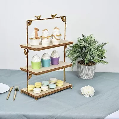 GOLD NATURAL19  Metal Wood 3 Tier CUPCAKE HOLDER Dessert STAND Party Decorations • $41.49