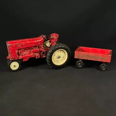 RARE VINTAGE FARM EQUIPMENT TRACTOR With TRAILER Red Metal Made In USA 1/16 • $50.36