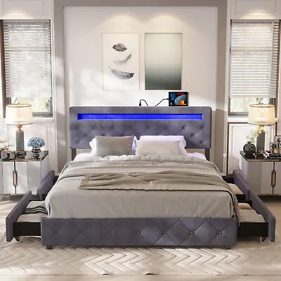 $249.99 • Buy Full Queen Size Bed Frame With Drawers Upholstered Platform Bed With LED Lights