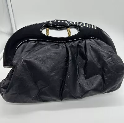 Ann Taylor Loft Mod Black Leather Clutch Handbag Women’s Purse Bag Gloss Handle • $17