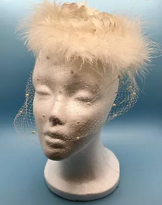 Vintage Union Made Ivory Fascinator Hat Birdcage Veil Dots Feather Lace Netting • $39.98