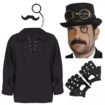 Adults Black Steampunk Costume Set Victorian Mens Gothic Halloween Fancy Dress • £18.99