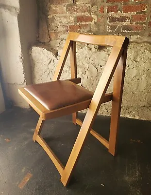 Vintage MCM A-Frame Folding Chairs Solid Wood/Vinyl Made In Romania Set Of Four • $350