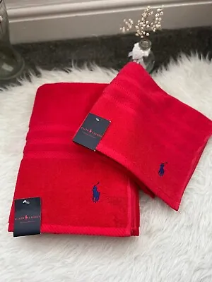 NWT Ralph Lauren Bath & Hand Towel Set 100% Cotton 70 X 140/50 X 95Cm Red Orange • £75.99