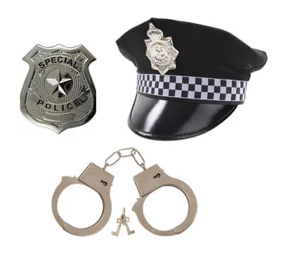 Adults Mens 3pc Set (Police Hat Handcuffs & Badge) Peak Cap Fancy Dress Costume • £9.99