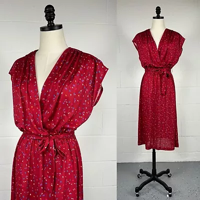 Vintage 70s Red Confetti Print Fit And Flare Surplice Dress Disco Glamour L 12 • $49.99