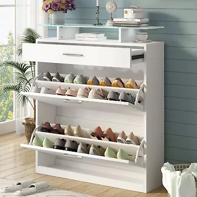Slim Entryway Organizer With 2 Flip Drawers Tempered Glass Top Shoe Cabinet • $198.51