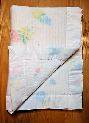 Vintage Baby Pepperell Blanket Waffle Weave White Pastel Flowers Iced Trim 1960s • $59.99