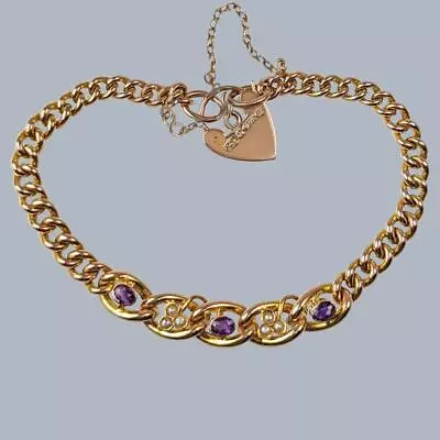 EDWARDIAN AMETHYST And PEARL BRACELET Heart Padlock 9ct Gold Antique London 1907 • £1485