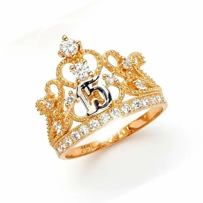 14k Two Tone Gold Crown Quince 15 CZ Corona Quinceañera Ring Oro Solido Anillo • $351.98