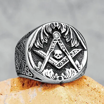 Masonic Skull Ring Stainless Steel Silver Eye Of Truth Freemasonry Us Size 7-13 • $10.99