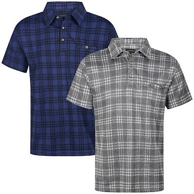 New Mens Polo Shirt Check Short Sleeve Pocket Lightweight Regular Fit Casual Top • £7.99