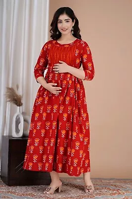 Pregnancy Anarkali Cotton Dress Maternity Long Gown 48'' Hand Print Kurti Gown • $24.59