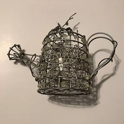 Vintage Watering Can Shaped Basket Made Of Silver Tone Metal Wire And Beads • $18