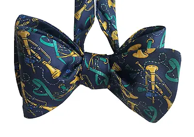 Silk Bow Tie For Men - Trumpets - Navy Blue Bow Tie - Handcrafted - Self-tie • $20