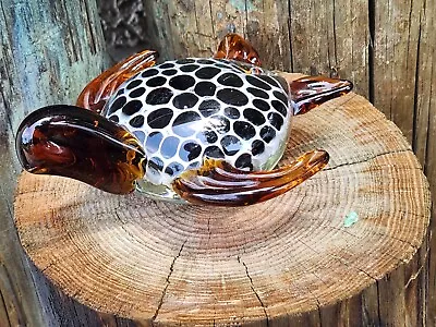 Sea Turtle Hand Blown Glass Paperweight Murano Style Brown With Black & White • $32