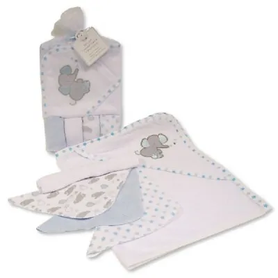 Baby Elephant & Stars  ~ Hooded Towel & 4 Wash Cloths Set ~  Blue ~  Shower Gift • £11.35