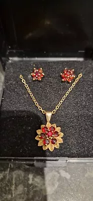 Vintage 9ct Gold Garnet Flower Pendant Necklace Amd Matching Earrings Fully... • £155