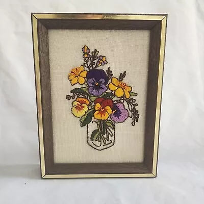 Vintage Purple Yellow Pansy Bouquet Embroidery Needlepoint Framed Picture 6x8  • $25.99