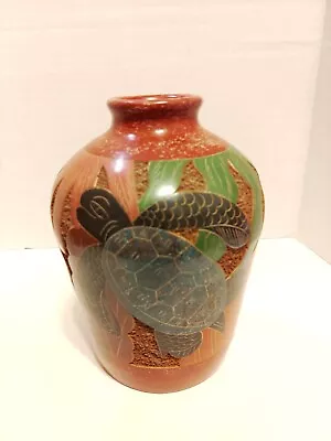 Textured Pottery Vase With Turtle GoldFish Frog Painting 6  High • $30