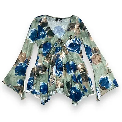 90s Y2k Boho Top Fairycore Asymmetrical Hem Bell Sleeves Peasant Blue Roses Lg • $36