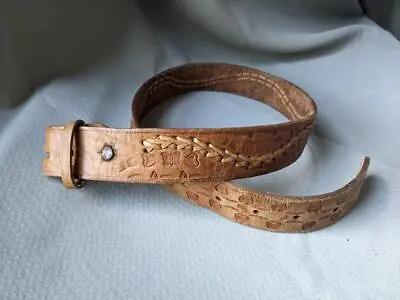 Vintage HAND TOOLED Leather Belt WEAVE Western 30 Cowboy MEXICO Made BUCKLE SNAP • $19.95