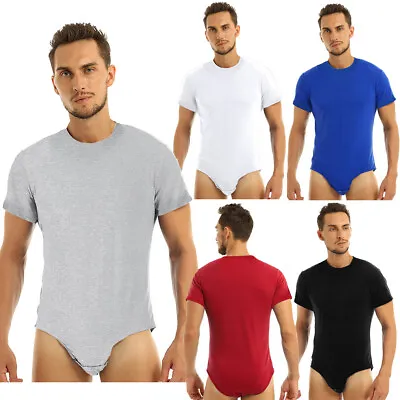 Men One-Piece Short Sleeve Shirt Bodysuit Press Button Crotch Leotard Undershirt • £6.43