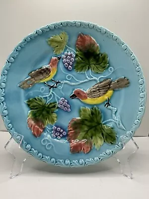 ANTIQUE GERMAN MAJOLICA PLATE WITH BIRDS GRAPES LEAVES Circa 1920s  7 3/4” • $29.50