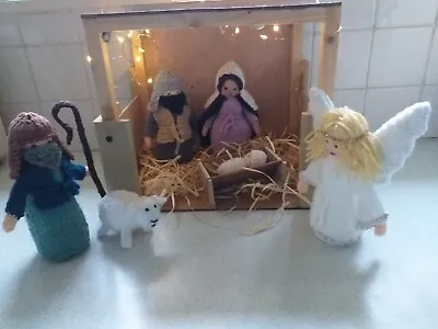 Hand Knitted Nativity Figures & Wooden 'lit' Stable • £45
