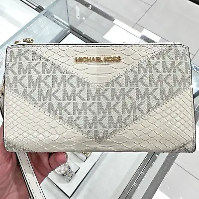 Michael Kors Jet Set Travel Double Zip Wristlet MK Logo Wallet Light Cream Multi • $68.95