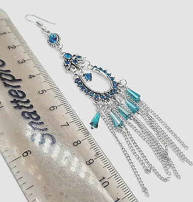 Silver Tone Chandelier Cluster Earrings With Glass Turquoise Crystal Beads • £5.90