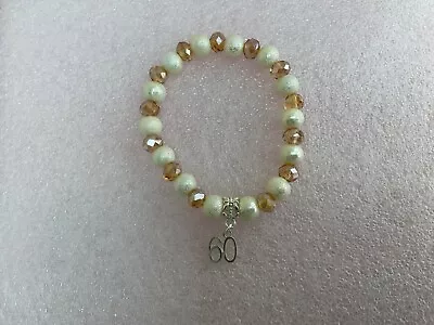 60th BIRTHDAY GIFT BRACELET CREAM & CHAMPAGNE GLASS BEADS AGE 60 CHARM GIFT BAG • £4.39