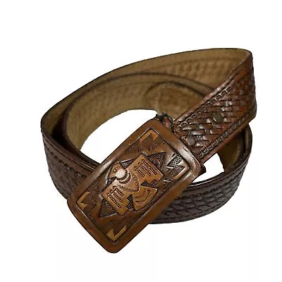 Vintage Sire Top Grain Saddle Leather Belt Size 38 Native American Art Buckle • $50