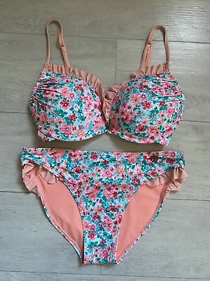 Ladies Ditsy Floral Frill Bikini 2 Piece Ruffle Padded Bra Size 10 32c C Cup • £9.99