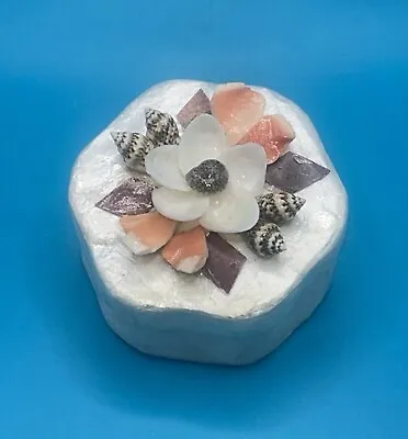 Capiz Shell Trinket Box Scalloped Shape With Seashell Floral Design On Lid • $7.95