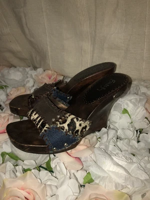 £3.99 • Buy Beautiful Womens Y2K Wooden Wedge FAITH Denim/ Leopard Material Heels Size Uk 4
