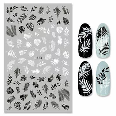 Geometric Leaves 3D Nail Stickers White Black Adhesive Decals Flowers F564 NS14 • $2.49