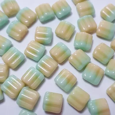 20pcs Green & Yellow Czech Glass Square Beads 2-Hole 6mm - GB129 • £3.40