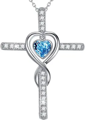 $106.99 • Buy Cross Necklace 925 Sterling Silver March Birthstone Heart Pendant Aquamarine