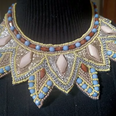 Exquisite Vintage Necklace Beaded Embroidered Bib Collar Choker 16  With 3  Bib. • $19