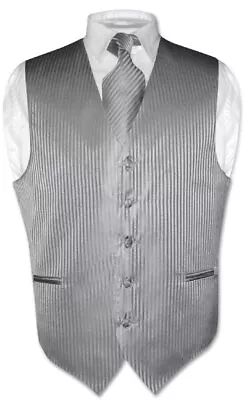 Men's Dress Vest & NeckTie SILVER GREY Vertical Striped Design Gray Neck Tie Set • $27.95
