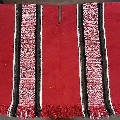 Ecuador Sweater Poncho One Size Tribal Aztec Southwestern 100% Wool Fringe Red • $22.49