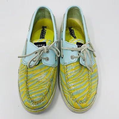 Sperry Size 9 Top Sider Sequin Zebra Print Slip On Casual Shoes Aqua Blue Yellow • $34.99