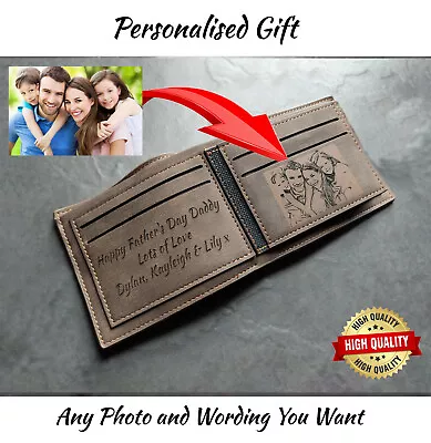 Men's Custom Photo & Text Engraved Brown Wallet Personalised Anniversary Gift • £17.84