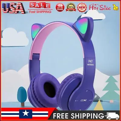 Flash Light Cartoon Cat Ear Earphone With Mic Bluetooth-Compatible (Purple) • $10.89