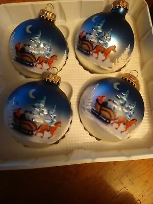 Krebs 4 Christmas Blue Glitter Horse Drawn Sleigh Beautiful Ornaments Vintage • $0.99