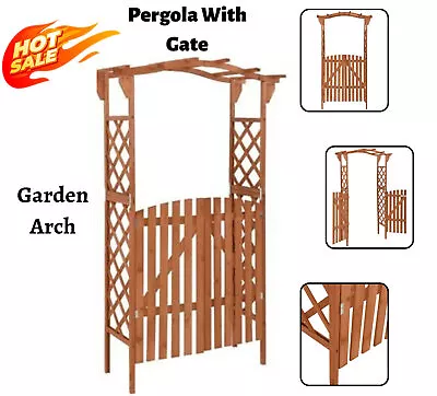 Wooden Garden Pergola With Gate Archway Trellis Solid Firwood Vines Climbing UK • £149.04