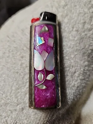 Vtg Lighter Cover Alpaca Silver Abalone Inlay Pink Floral MOP BIC Case Holder • $44.88