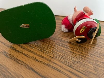$10 • Buy LOT Of 2 Vintage Pig Ornaments Wood Taiwan Wooden Christmas Skating Painting